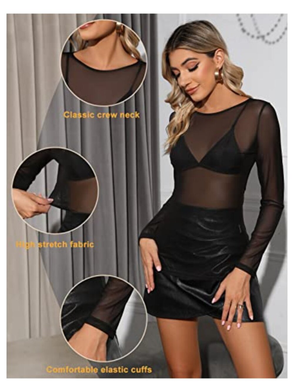 Women's Sheer Mesh Long Sleeve Top Crewneck Slim Fit Blouse Party Clubwear - Picture 3 of 6